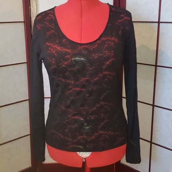 Nordstrom Intimates Black Lacy Floral  Long Sleeve Top - Picture 1 of 8
